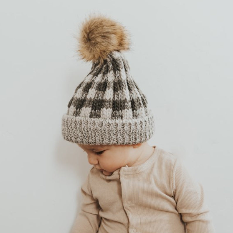 Grey Buffalo Check Pom Pom Beanie